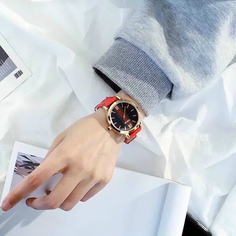 Đồng hồ thời trang nữ Huan D155 mặt tròn kẻ sọc chạy 3 kim xinh xắn dây da cao cấp chống nước nhẹ