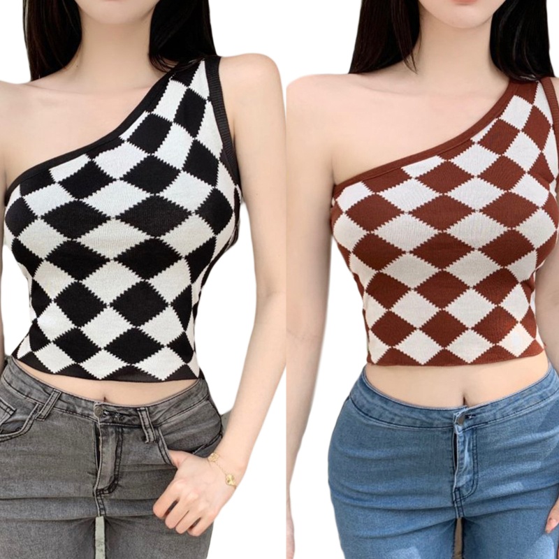 Youyo Áo Croptop Dệt Kim Không Tay Lệch Vai Kẻ Sọc Kim Cương Gợi Cảm Cho Nữ Sl