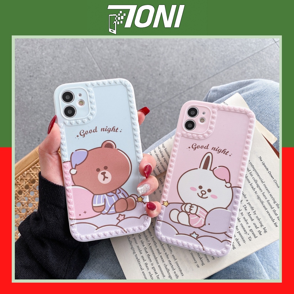 Ốp lưng iphone Good night teddy viền trái tim nổi cạnh vuông 7/8/7plus/8plus/xr/x/xs/xsmax/11/12/12mini/pro/promax