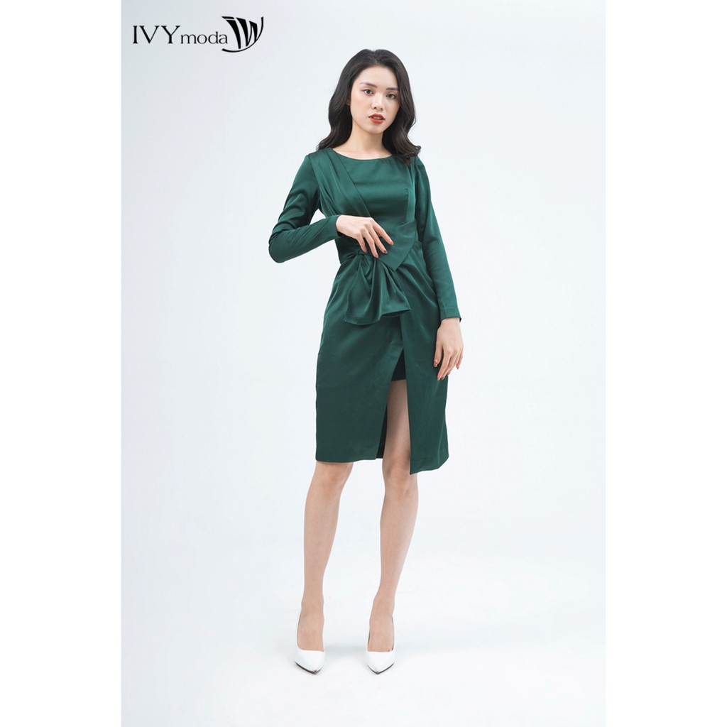 Đầm 2 lớp dài tay vạt nếp thiết kế IVY moda MS 48M5119