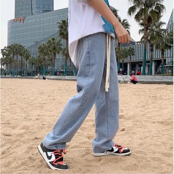 Quần jean ống suông nam nữ rộng lưng chun màu xanh pon.mens hà nội