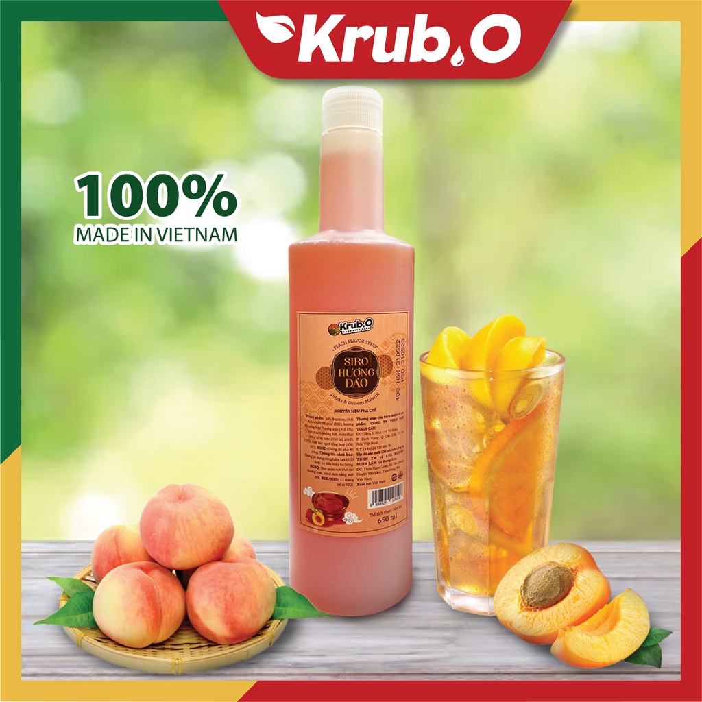 Siro đào (Date T8) Krub.O nguyên liệu pha chế trà sữa đồ uống trà đào hoa quả cà phê chai 650ml