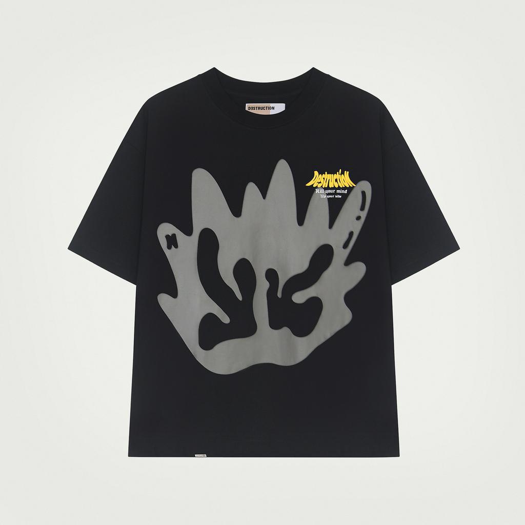 Áo thun cotton local brand Destruction cổ tròn form lỡ in hình logo màu kem - đen - xanh lá, cotton