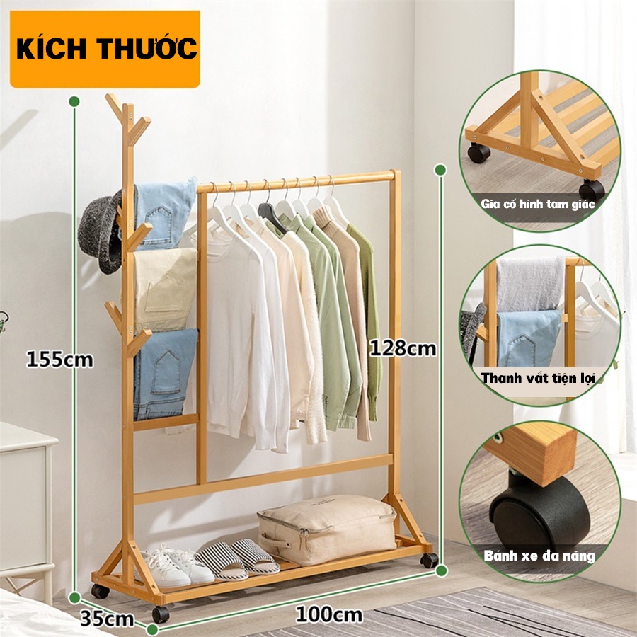 Giá kệ treo quần áo đa năng gỗ tre tự nhiên Vango V5 cao cấp, Phong cách nội thất hiện đại, sang trọng