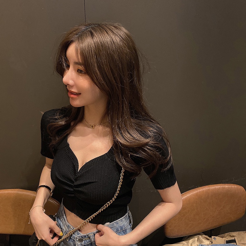 Áo Dệt Kim Ngắn Tay Cổ Chữ V Dáng Ôm Thời Trang Mùa Hè Dành Cho Nữ