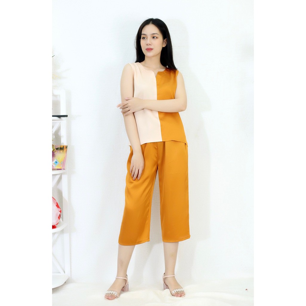 [HÌNH THẬT 100%] Bộ đồ Pijama nữ lửng pha 2 màu VÀNG KEM - vải lụa satin cao cấp - Cực Kì Sang Chảnh | BigBuy360 - bigbuy360.vn