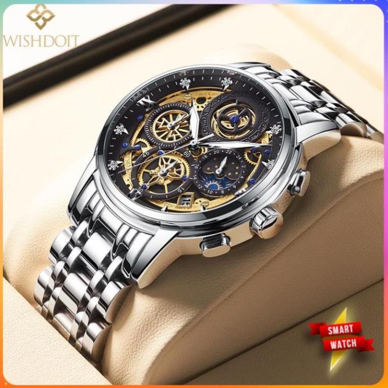 WISHDOIT Đồng Hồ Quartz Ba Mắt Đa Năng Dây Thép Không Gỉ Thời Trang Thể Thao Cho Nam