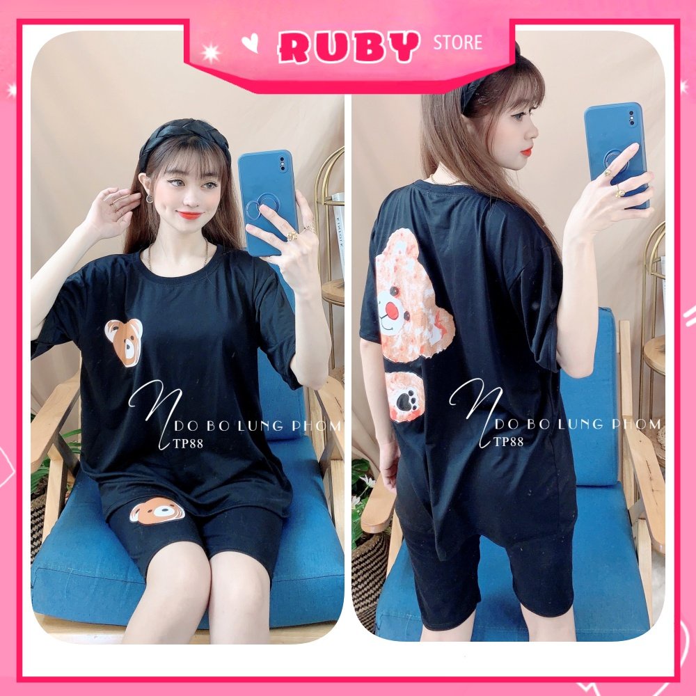 Đồ bộ thun lửng phom to cho nữ mặc nhà chất thun mềm mát in hình gấu hoạt hình dễ thương TP88