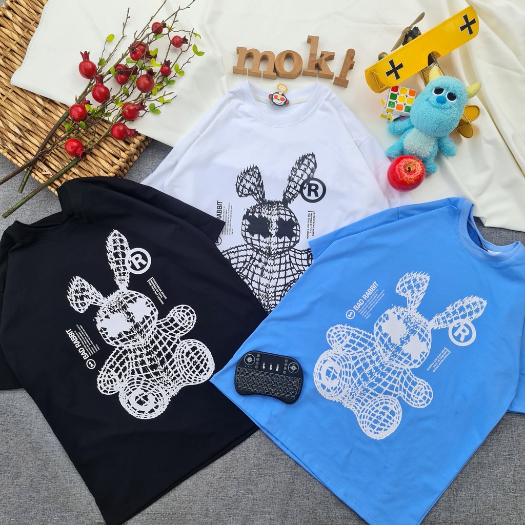 Áo phông áo thun nam nữ tay lỡ from rộng freesize chất cotton thoáng mát in thỏ lưới xung quanh mokishop