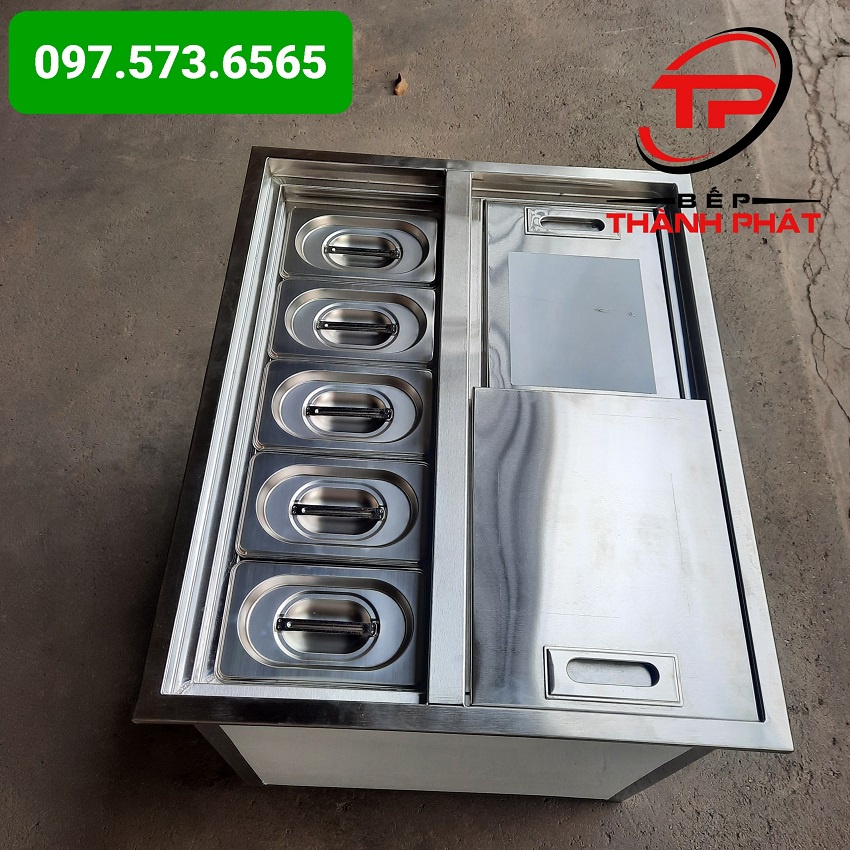 Thùng đá inox kèm khay topping , Bảo hành 2 năm