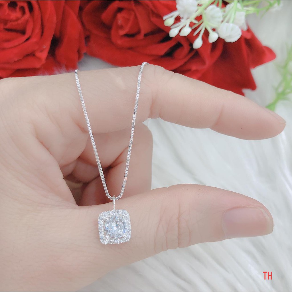 Dây chuyền nữ, bạc 925, dây chuyền kết hợp mặt đá vuông ngũ sắc, phụ hợp các bạn nữ