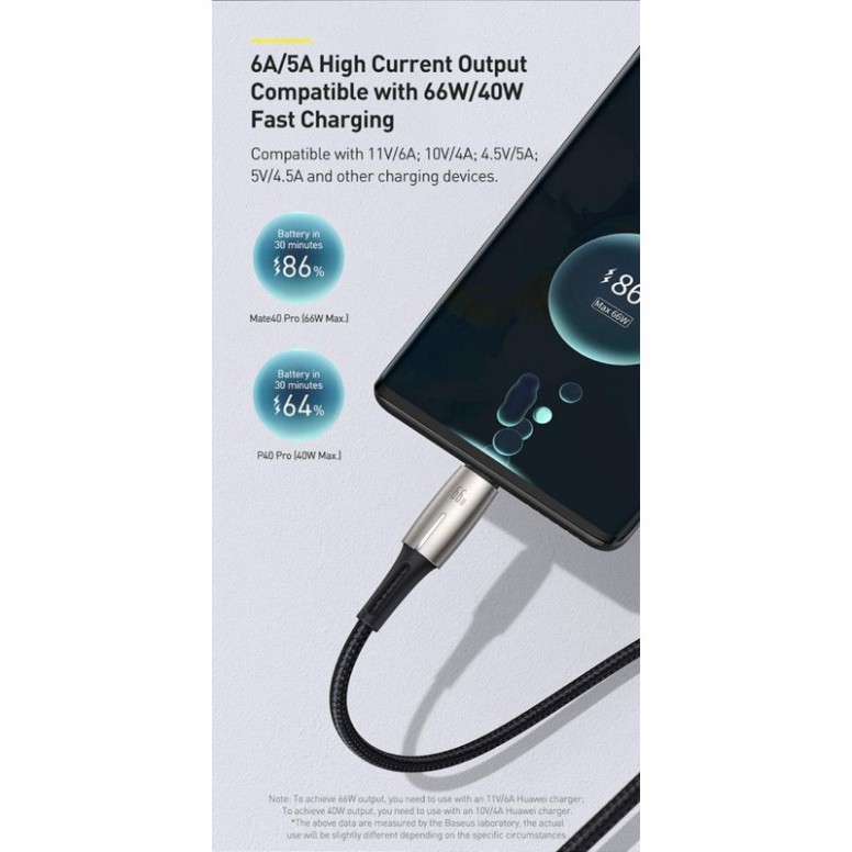 Cáp sạc siêu nhanh báo đèn USB Type-C Baseus Water drop-Shaped Lamp 66w cho Huawei Mate, Samsung, Xiaomi