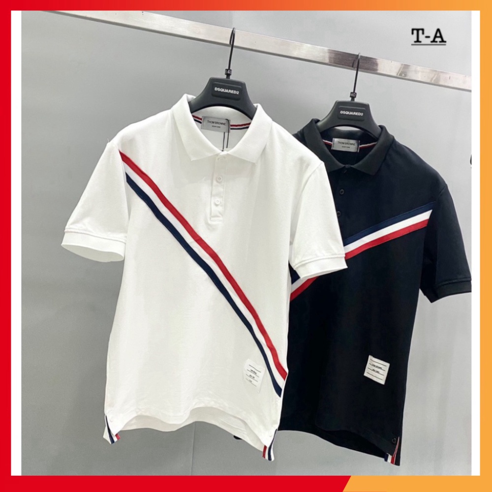 Áo Polo Unisex sọc chéo xanh đỏ,cotton cổ bẹ cộc tay thời thượng cực sịn sò