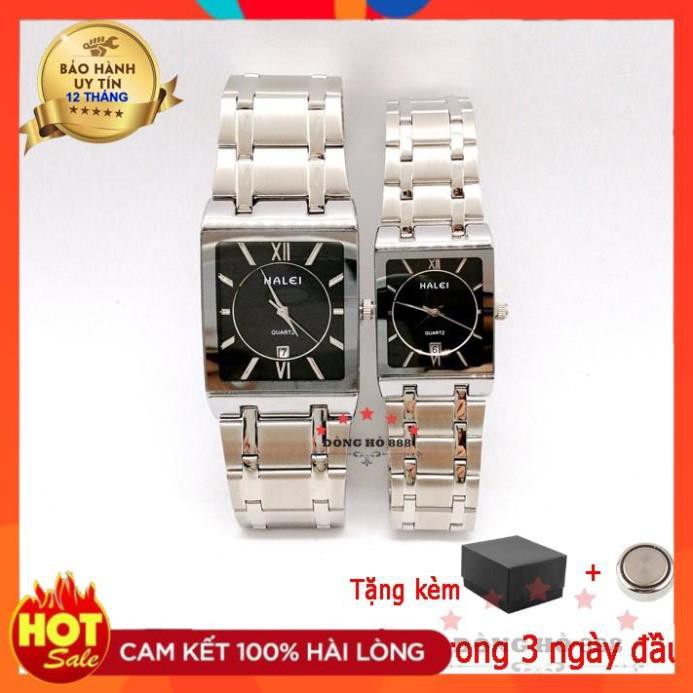 Đồng hồ nam nữ Halei máy Nhật dây kim loại màu trắng chống ghỉ chống nước chống xước mặt vuông 30mm 40mm lịch ngày 564