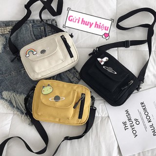 Túi canvas đeo chéo thêu họa tiết thời trang dành cho nam nữ kèm huy hiệu