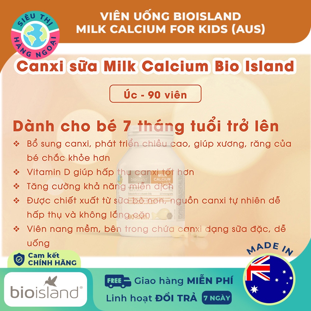 Viên Bổ sung Canxi sữa cho bé của Úc Bio Island Milk Calcium Kids 90 viên