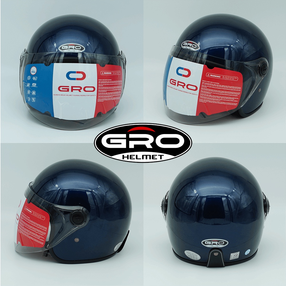 Mũ Bảo Hiểm 3/4 đầu GRO Helmet T818 có kính dài che cả mặt, kiểu dáng thời trang cho nữ, khóa kim loại - Xanh Than Bóng