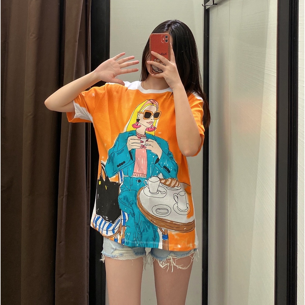 Áo Thun Tay Ngắn Cổ Tròn Dáng Rộng In Hình Cô Gái Uống Trà Chiều Thời Trang Mùa Hè Zara 221131823 Bán Buôn