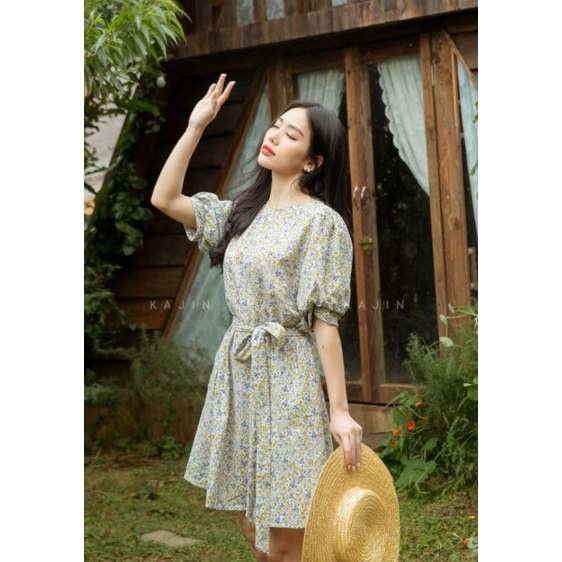 Đầm cotton tay phồng, form A, dây buộc eo