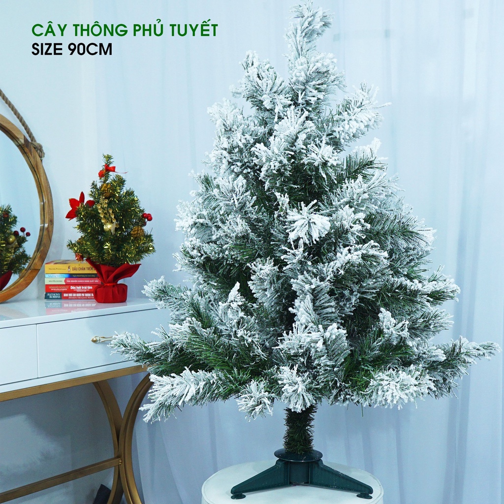Cây Thông Noel Tán Dày CAO CẤP Xanh, 3 Loại Lá, Phủ tuyết, PE Tặng Kèm Phụ Kiện