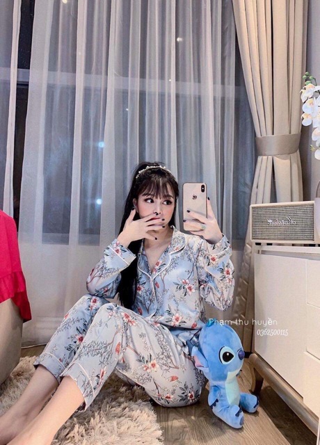 Bộ ngủ pijama lụa dài tay quần dài