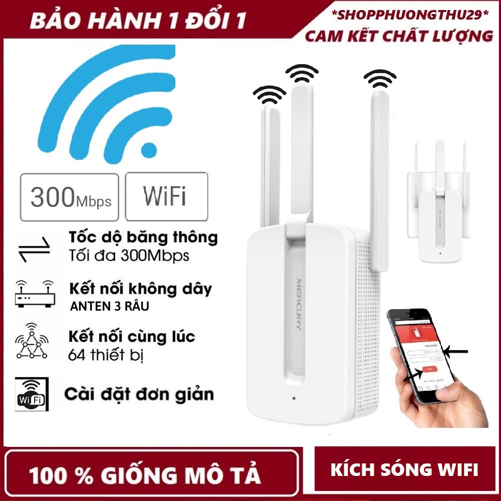 Bảo hành 12 tháng-Bộ Kích Sóng Wifi Mercury Repeater MW310RE 3 Anten Cực Mạnh,siêu khỏe