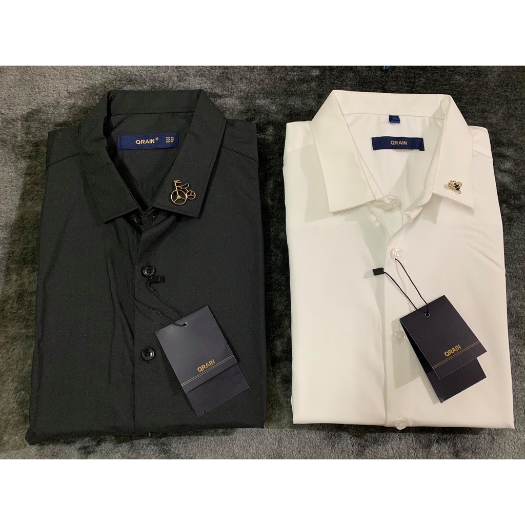 Áo Sơ Mi Nam Dài Tay Logo Đính Cổ Vải Lụa Cao Cấp, Áo Sơmi Trắng Đen Dáng Ôm Form Body