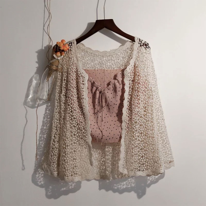 Áo Cardigan Dệt Kim Tay Dài Phối Lưới Mỏng Che Phủ Phía Trước Cho Nữ
