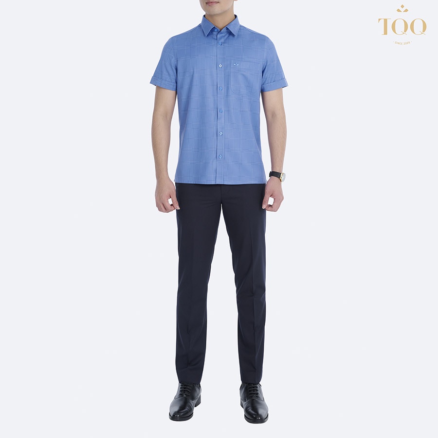 Áo sơ mi ngắn tay TQQ dáng Slimfit Công Sở chất cotton cao cấp màu xanh biển K233CB vạt ngang có túi ngực