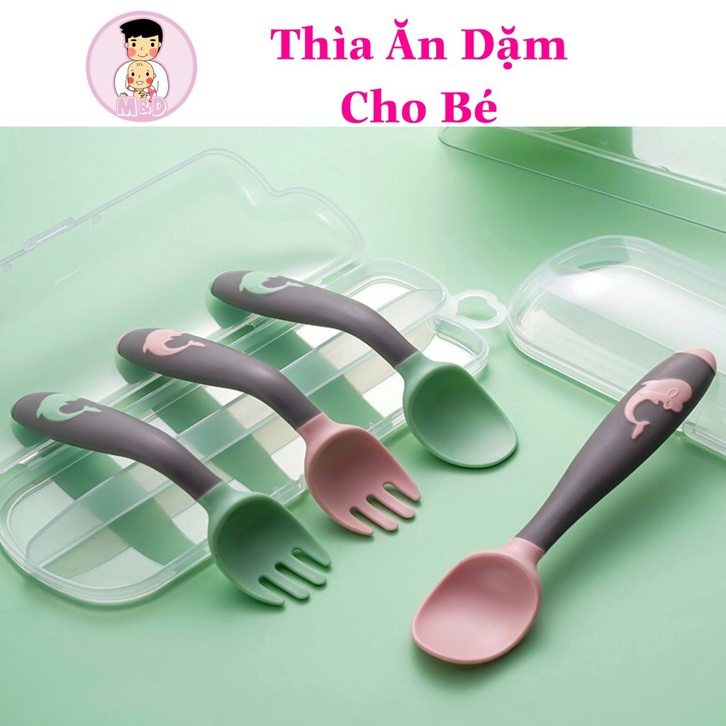 Bộ thìa dĩa silicon ăn dặm uốn cong 360 độ dành cho bé trai/ bé gái