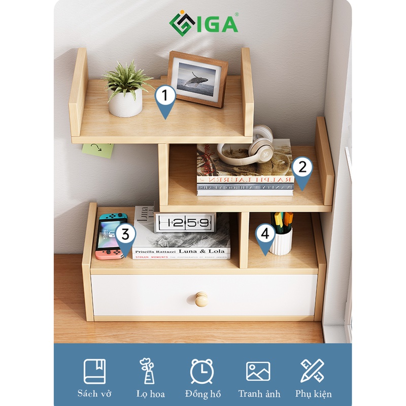 Kệ sách để bàn cây đa kèm hộc tủ ngăn kéo lưu trữ đồ - gp187