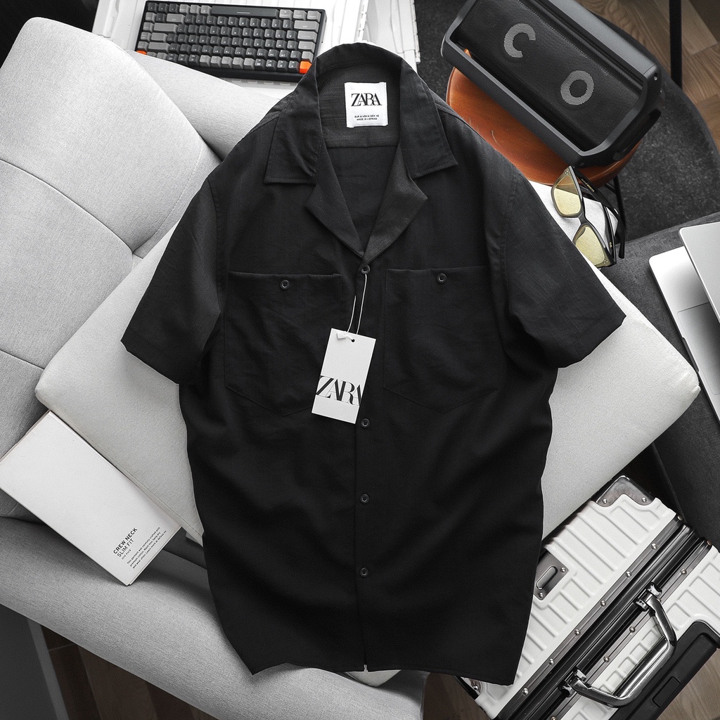 Sơ mi tay ngắn ZARA chất linen túi hộp (Đen)