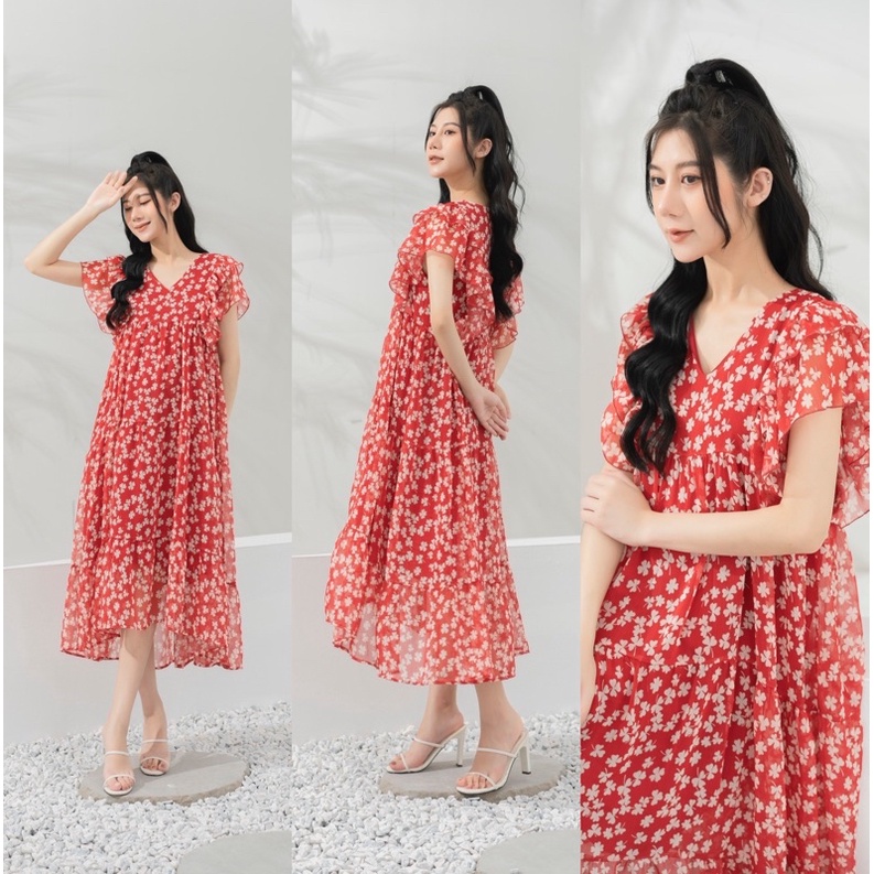 Đầm Voan Hoa Cánh Tiên Hoạ Tiết Hoa Cỏ 4 Lá Dáng Babydoll Suông Dài Che Khuyết Điểm Màu Sắc Tôn Da Trắng