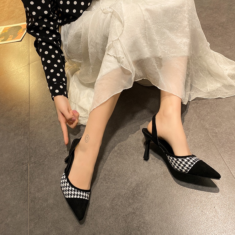Giày cao gót Slingblack bít mũi sandal dây gót sau họa tiết răng sói 7cm công sở Hàn Quốc