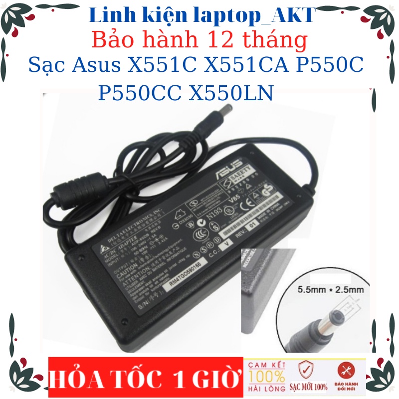 Sạc laptop Asus X551C X551CA P550C P550CC X550LN-Sạc Asus 19v-2.37A/3.42A-45W/65W vuông, chữ nhật chân thường