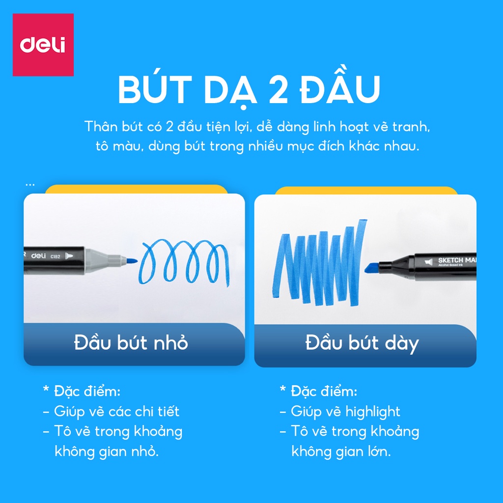 Bút màu dạ marker chuyên nghiệp chính hãng Deli kèm túi vải khay đựng họa cụ vẽ tranh cao cấp 30 / 40 / 60 / 80 màu