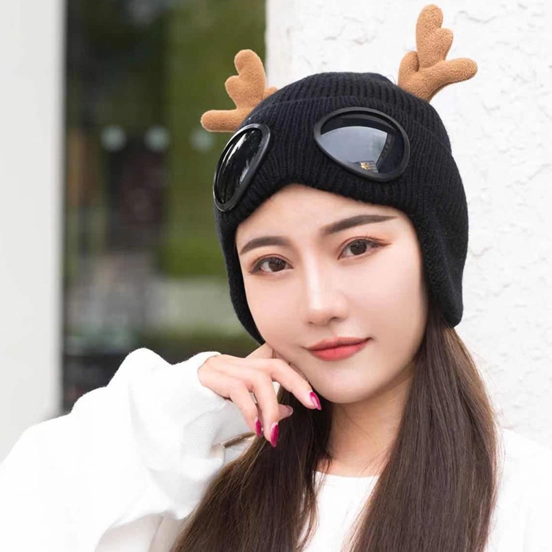 Mũ beanie Dệt Kim Tích Hợp Kính Bảo Vệ Tai Màu Sắc Trơn Dành Cho Trượt Tuyết