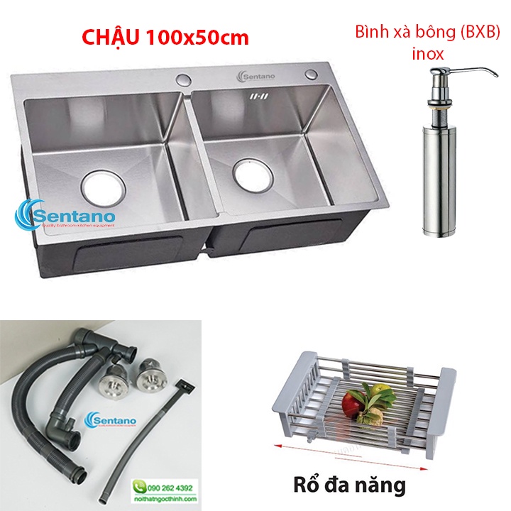 [CHẬU SIÊU TO] Bồn chậu rửa chén đúc inox cao cấp 100x50 cm 100% inox 304 hàng loại 1 có 2 ngăn lớn đều nhau