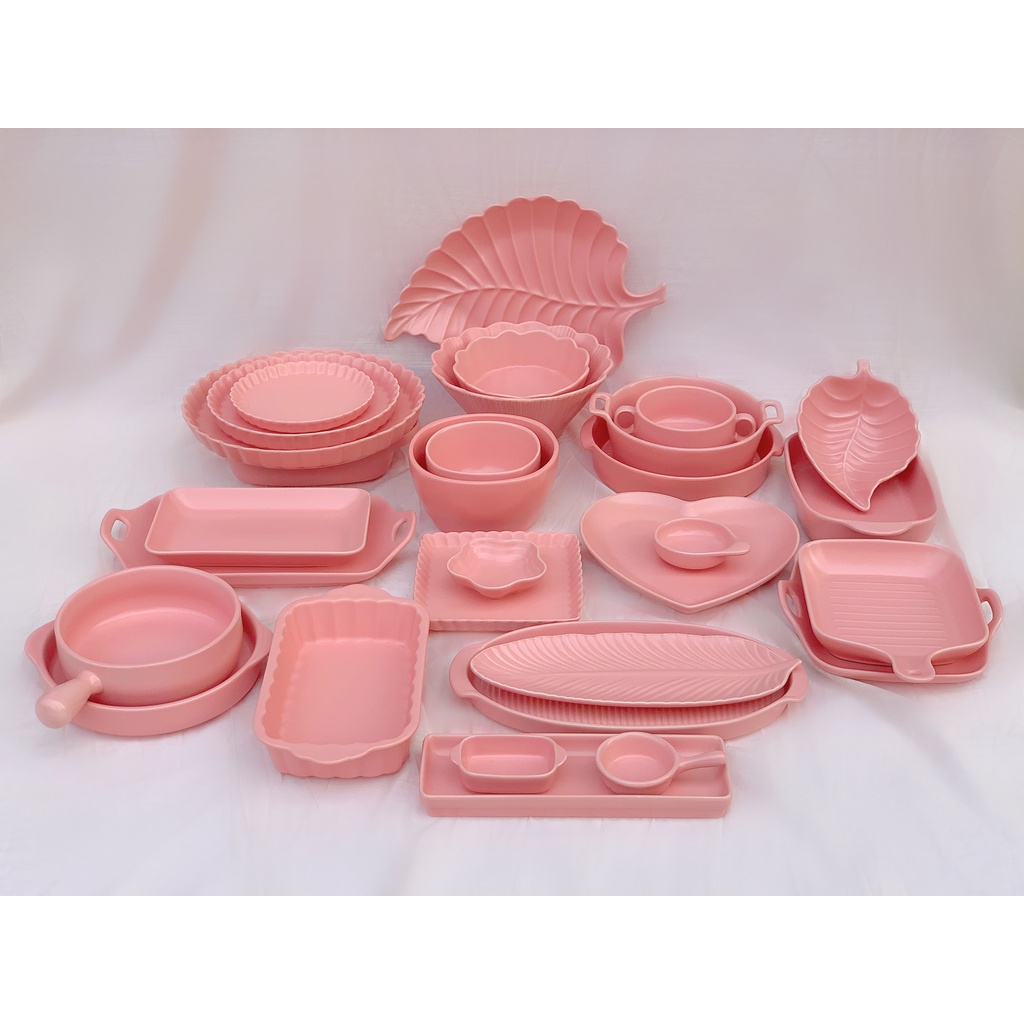 Bộ bát đĩa gốm sứ men mát decor màu hồng cực xinh, Bộ bát đĩa gốm sứ hàng nội địa Trung loại 1