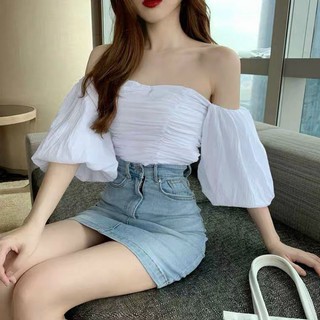 áo croptop trễ vai nhún có bo lưng