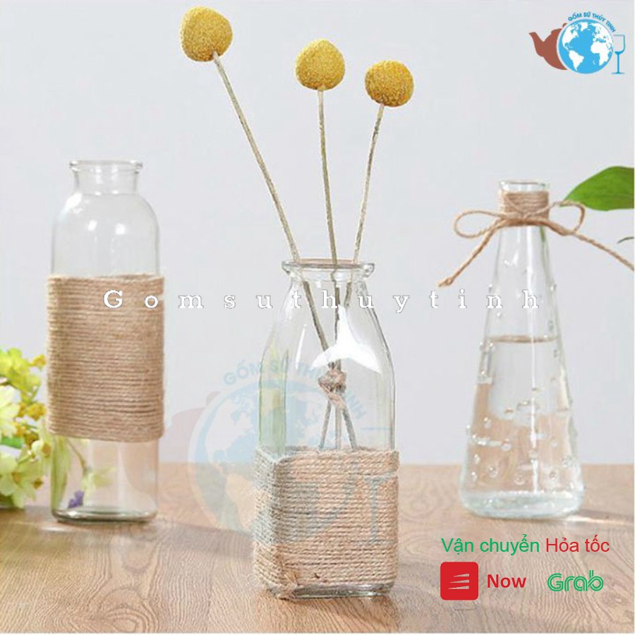 SET 3 lọ hoa thủy tinh VUÔNG - TRÒN VÀ GIỌT SƯƠNG - MIX 3 MẪU SIÊU XINH  tặng kèm 3 dây dừa trang trí