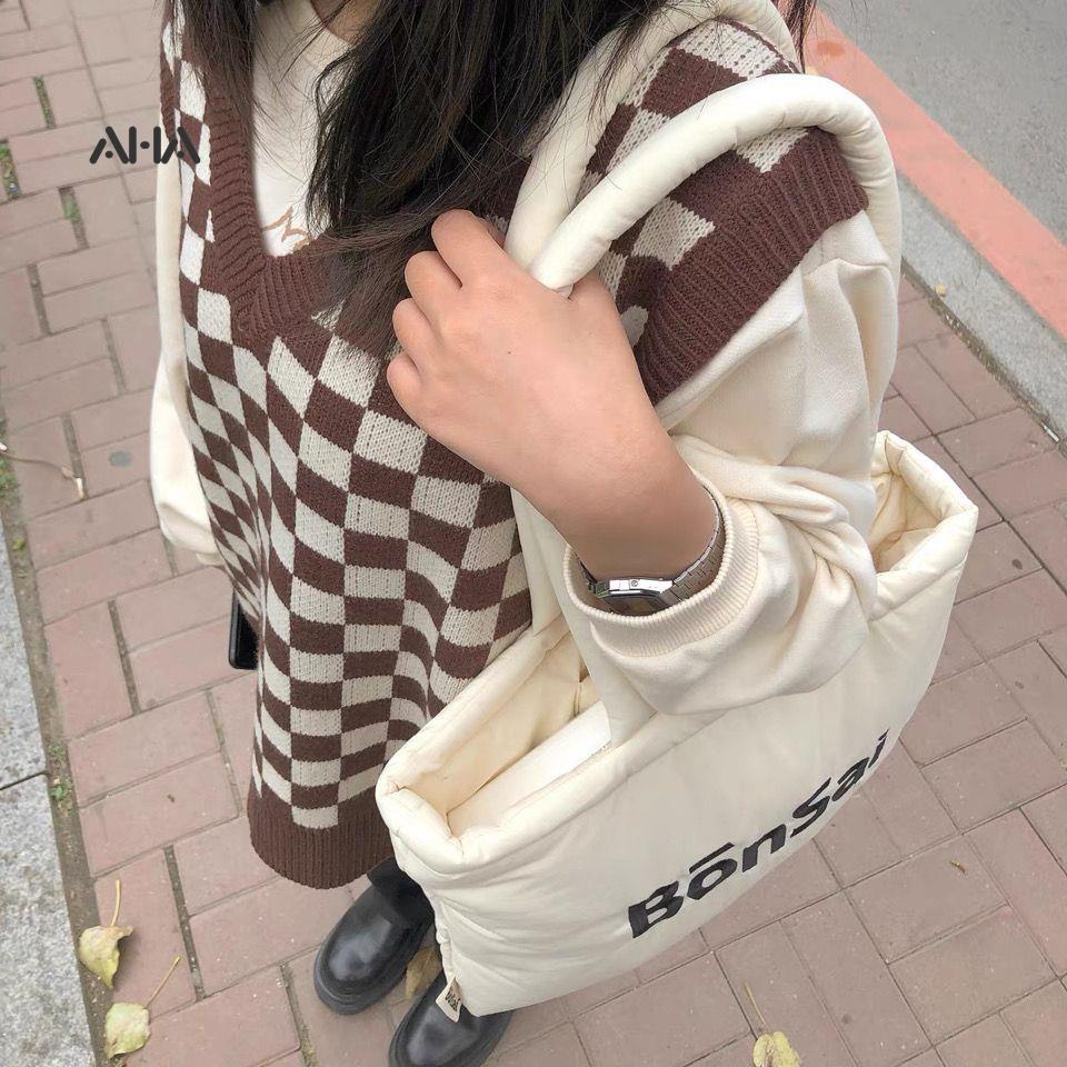 Túi xách AHA official vải cotton cỡ lớn thêu chữ thời trang cho nữ