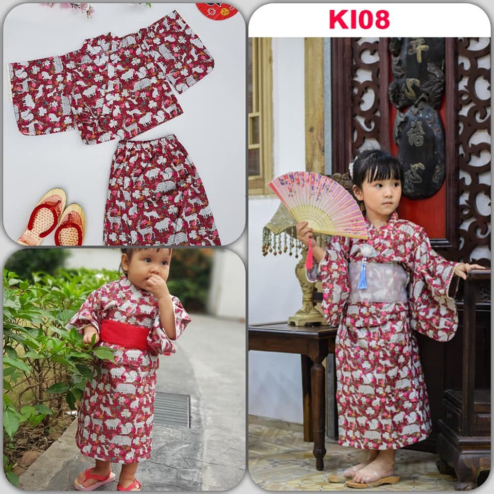 Kimono Trẻ Em Đỏ Nai Thỏ Hoa KI08