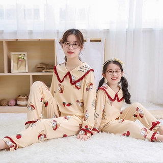 Cute patterned long-sleeve pajamas set for mom and baby
