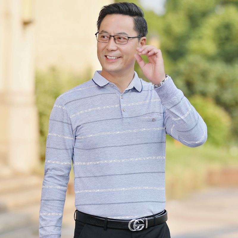 Áo Thun Dài Tay Họa Tiết Kẻ Sọc Thời Trang Mùa Thu Cho Đàn Ông Trung Niên 8PBK