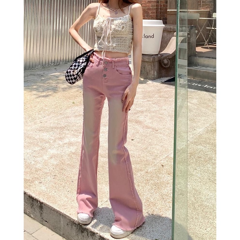 Quần Jeans Lưng Cao Ống Loe Màu Hồng Thời Trang Cho Nữ