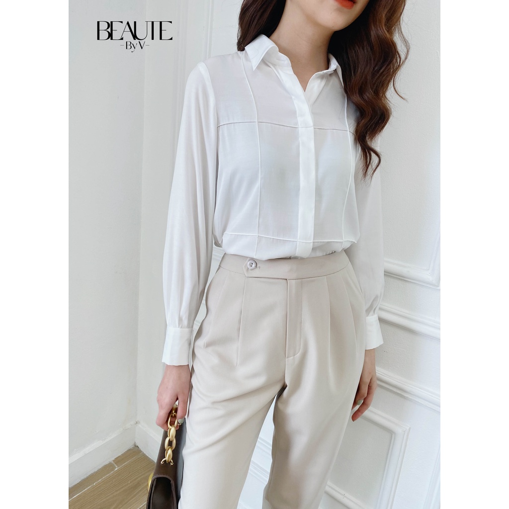 BEAUTEBYV - Áo sơ mi nữ cổ đức chạy đường mấu trang trí Mauze