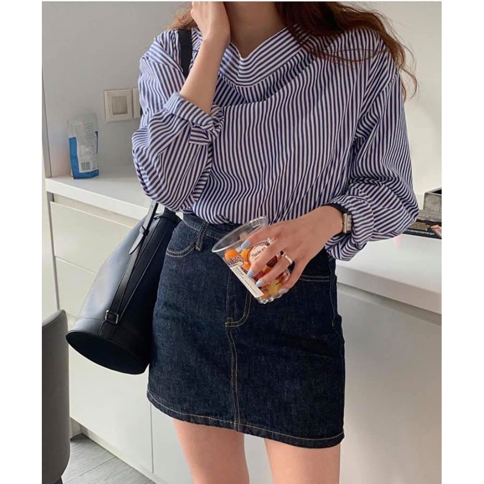 Set áo sơ mi kẻ dáng rộng, chân váy jean