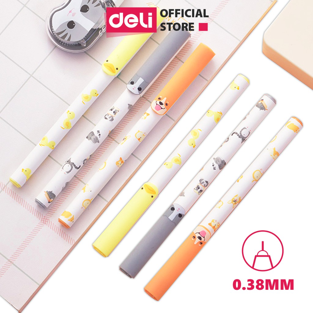 Bút bi nước học sinh mực gel đen 0.38mm Deli họa tiết đáng yêu nét viết đều trơn tru lâu hết mực chất lượng cao A416