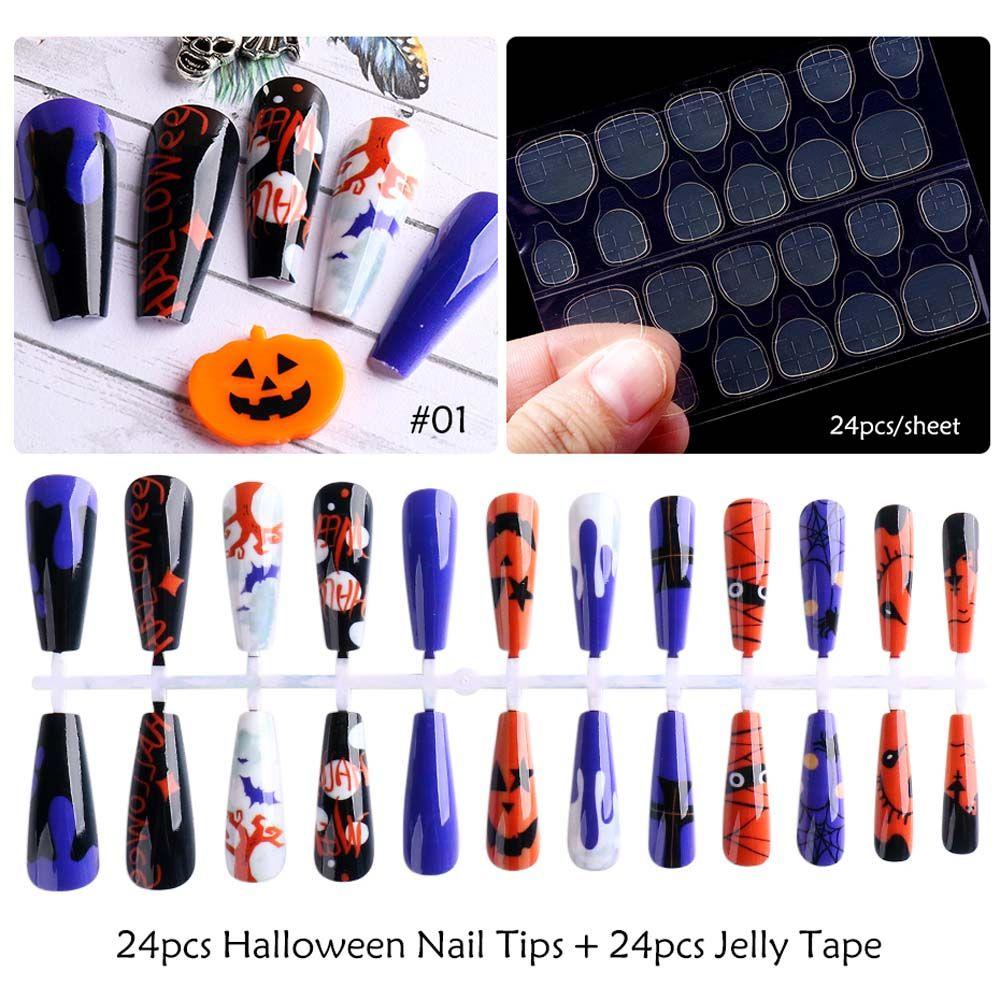 Bộ Móng Tay Giả Họa Tiết Bí Ngô Hai Mặt Dạng Nhấn Che Phủ Toàn Diện DIY